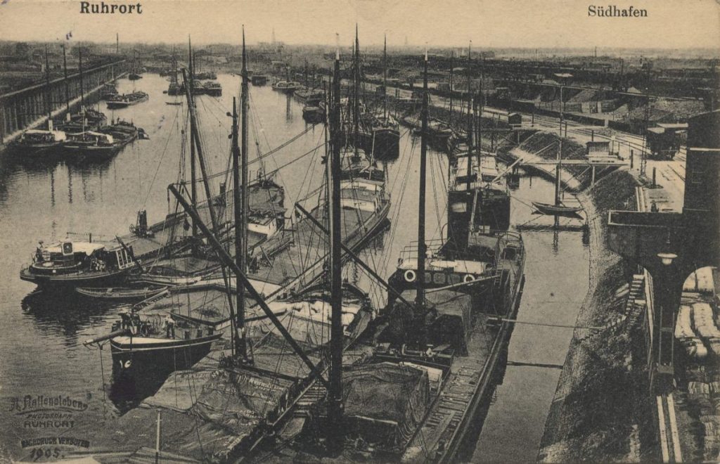 Historical postcard showing Duisburg's harbor in 1905