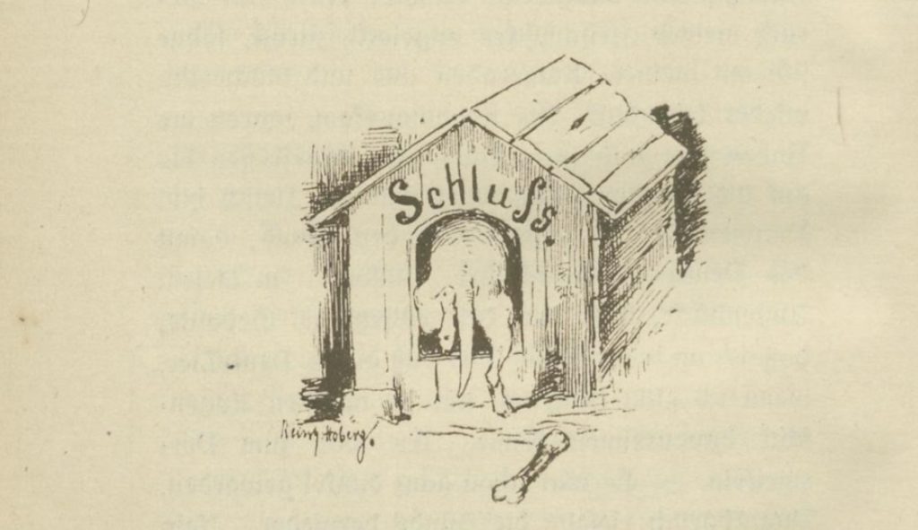 Abb. 2: Letzte Illustration der Erstausgabe von Panizzas Aus dem Tagebuch eines Hundes, S. 104, von Reinhold Hoberg
