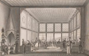 Fig. 2: Antoine-Ignace Melling: A depiction of a late eighteenth-century Ottoman coffeehouse in Istanbul. Originally published in Voyage pittoresque de Constantinople et des rives du Bosphore (Paris, 1819). Public Domain, https://commons.wikimedia.org/wiki/File:Depiction_of_an_Ottoman_Coffeehouse.jpg